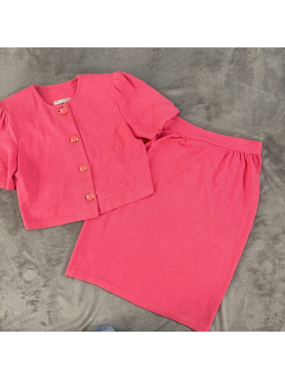 Vintage St. John Pink Skirt Jacket Blazer Set Womens 12 Marie Gray Old Money